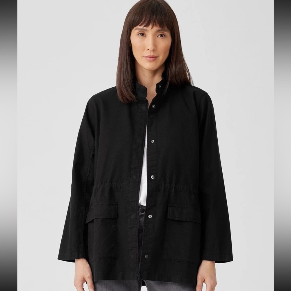 Eileen Fisher Cotton Hemp Stand Collar Utility Jacket Black NWOT Large
